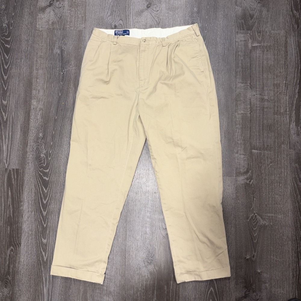 VTG Polo Ralph Lauren Hammond Pants Mens 38x30 Khaki Pleated Cuffed Y2K Preppy